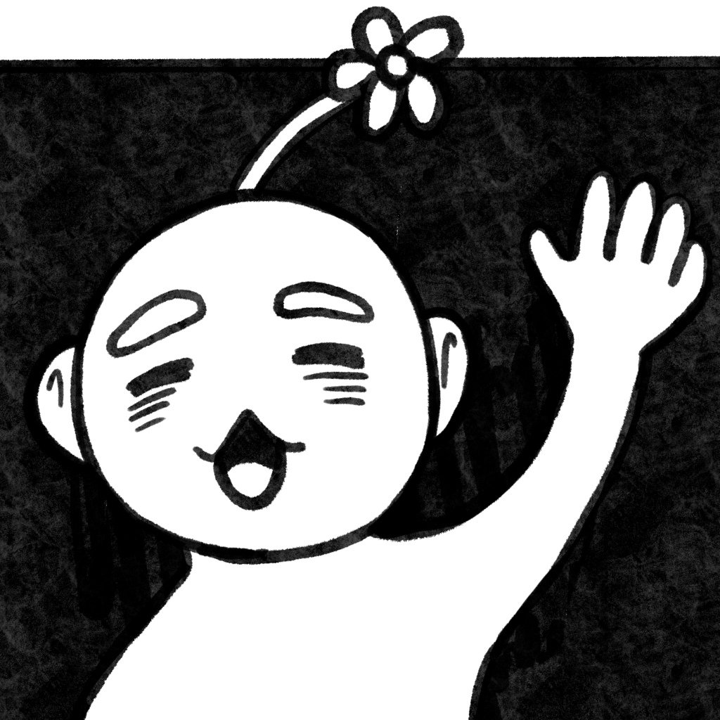 ID: Illustration of a generic character with a flower stem coming out of its head, smiling at the viewer with its mouth open and a hand raised in greeting. 